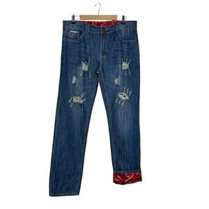 NOTAGUT Men's Cotton Distressed Blue Wash Jeans Red Cuff Detail Streetwear 34